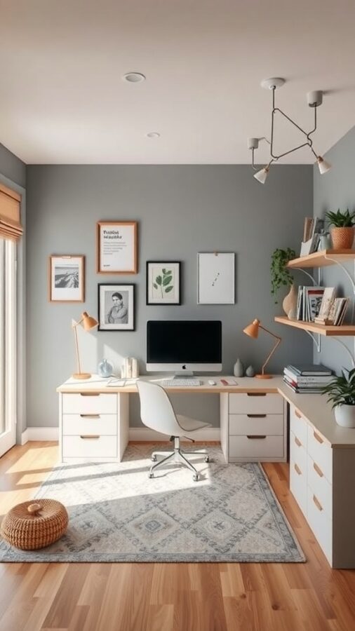 A stylish family-friendly home office with a gray wall, wooden flooring, and a spacious desk.