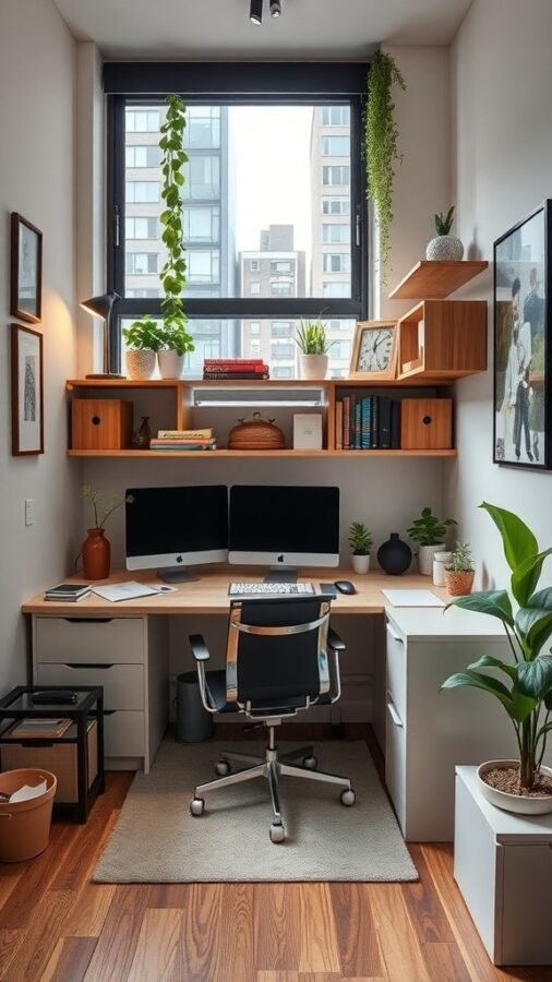 A compact urban office featuring a wooden desk with two monitors, a comfortable chair, and plants on shelves and the desk.