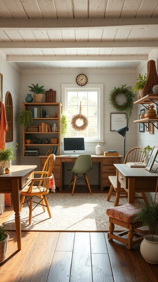 A cozy farmhouse rustic office with wooden furniture, plants, and natural light.