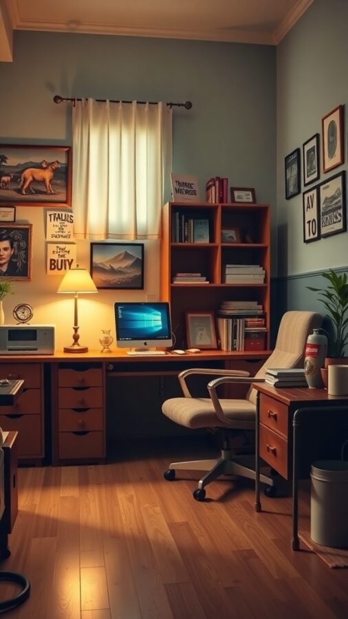 A cozy vintage retro workspace featuring a wooden desk, a comfortable chair, framed art on the walls, and a modern computer.