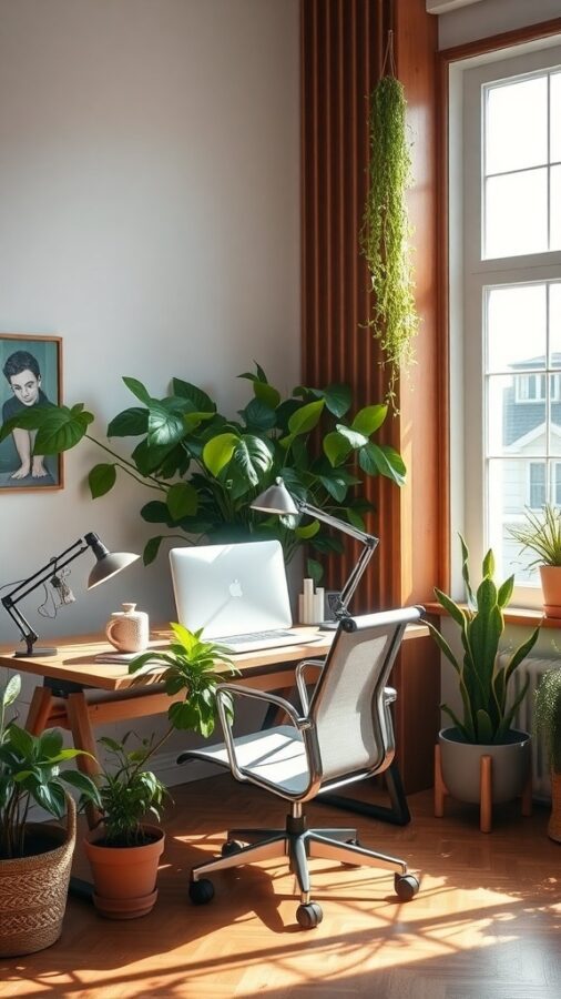 A bright home office featuring a wooden desk, a comfortable chair, and various indoor plants, creating a nature-inspired workspace.