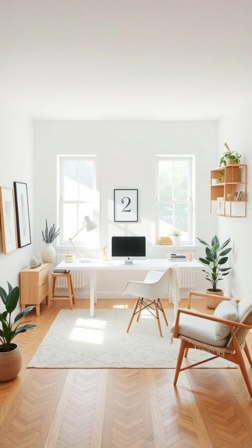 A minimalist Scandinavian workspace featuring a white desk, computer, and plants, with natural light streaming in from large windows.