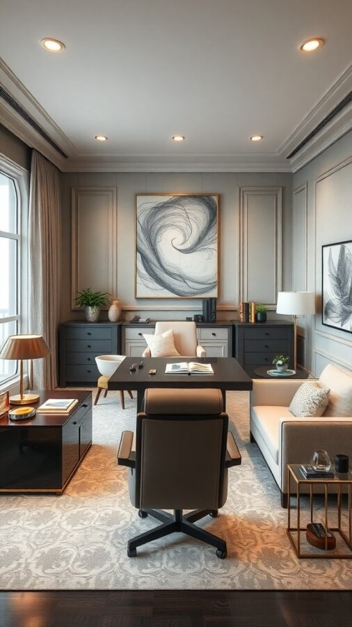 A luxury executive office suite featuring a modern desk, comfortable chair, and stylish decor.