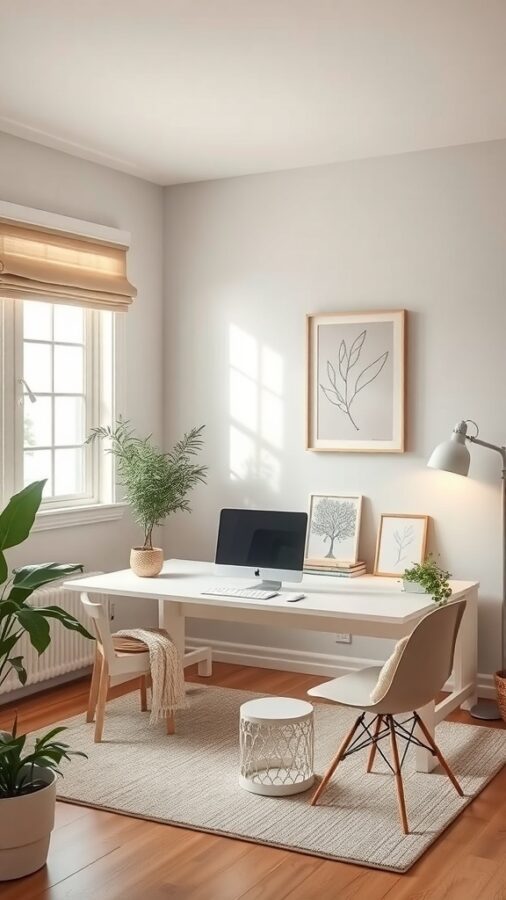 A serene home office with a minimalist desk, plants, and natural light.