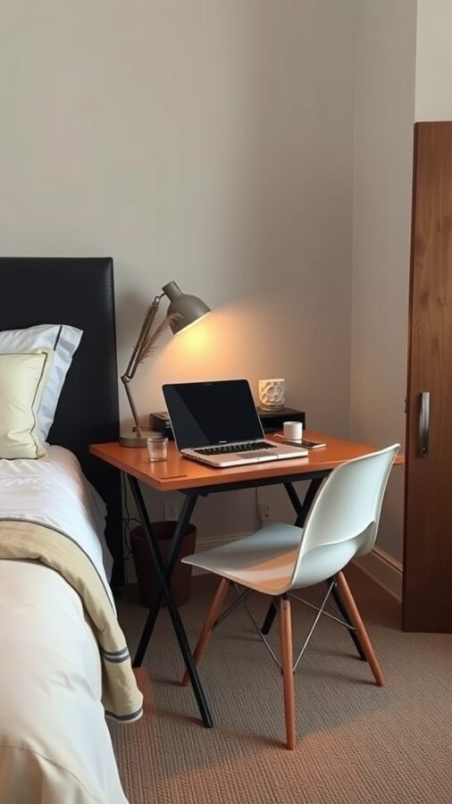 Compact folding desk beside a bed in a cozy multifunctional room