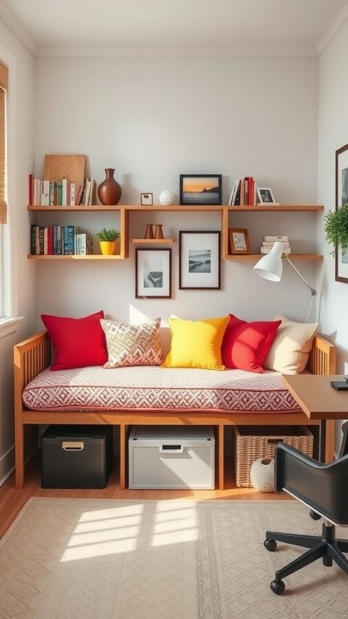 Cozy home office with a colorful daybed featuring built-in storage and surrounding bookshelves