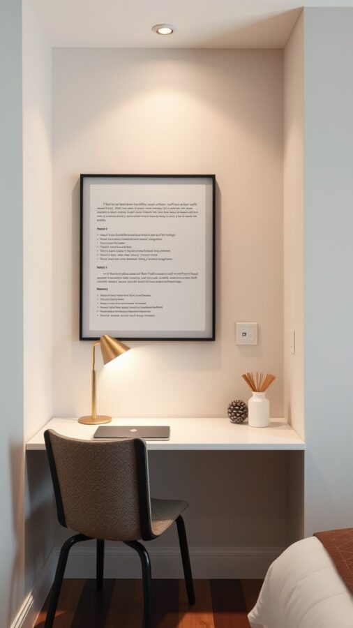 Sleek wall-mounted desk with chair, lamp, and wall art in a compact home office