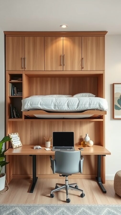 Modern home office with a fold-down Murphy bed above a desk