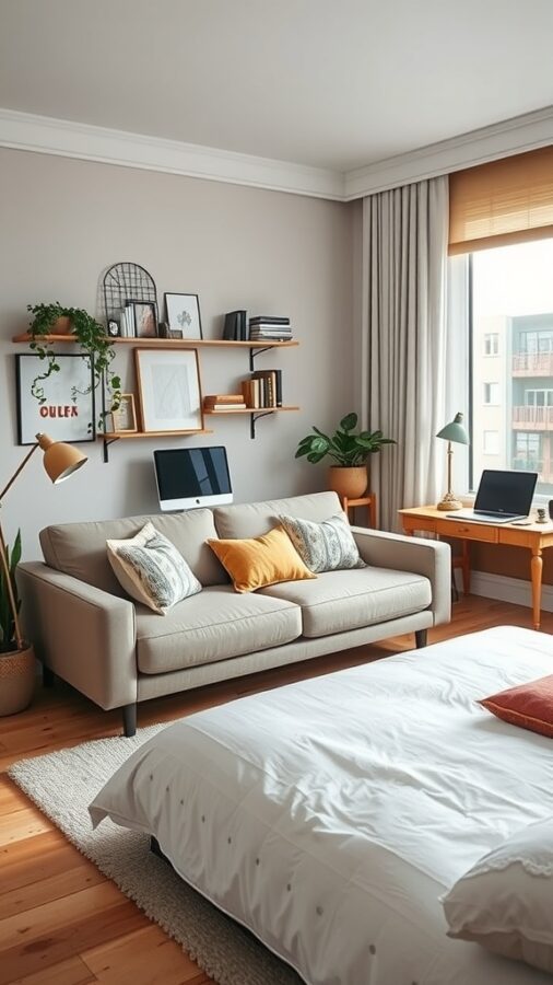 Cozy home office featuring a convertible sofa bed with warm cushions