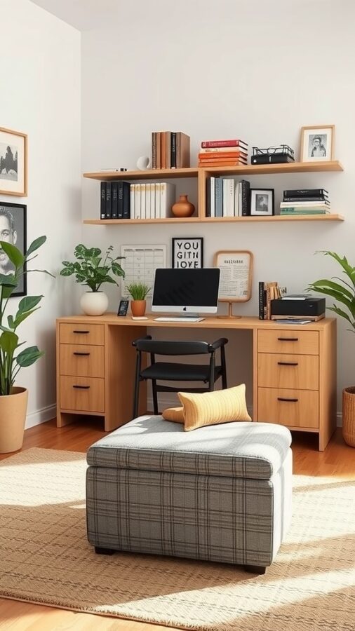 Home office with desk, computer, and multi-purpose ottoman