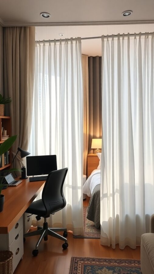 Home office separated from guest bed by sheer curtains
