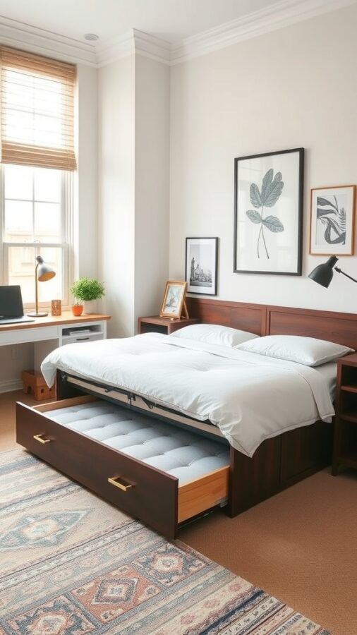 Home office with a stylish trundle bed tucked under a main bed