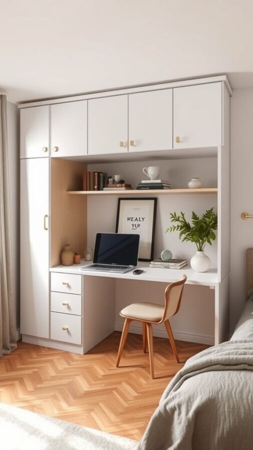 Home office with a Murphy desk featuring white cabinetry and wooden accents