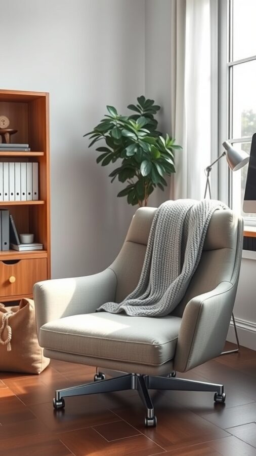 Modern home office with a stylish sleeper chair and cozy throw