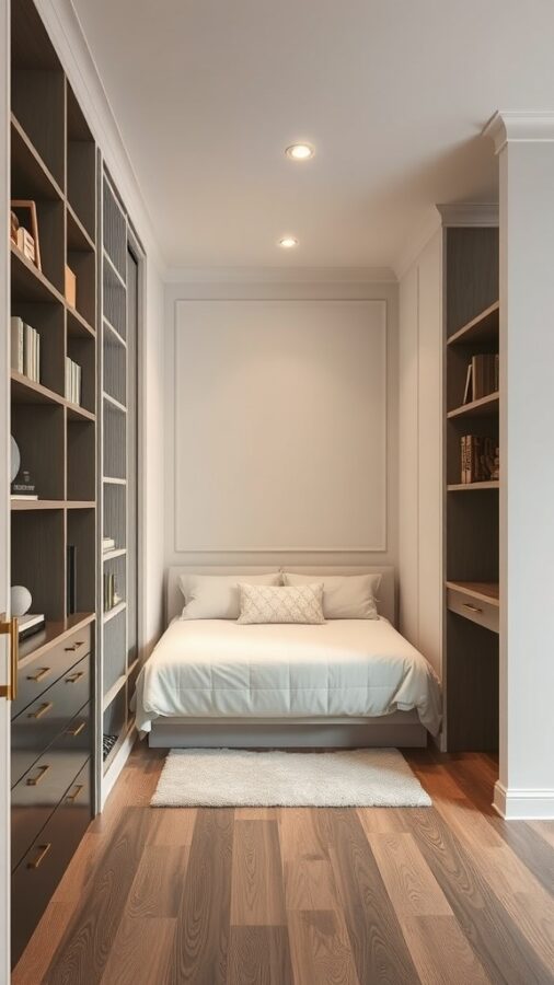 Modern home office featuring a built-in closet and a cozy bed