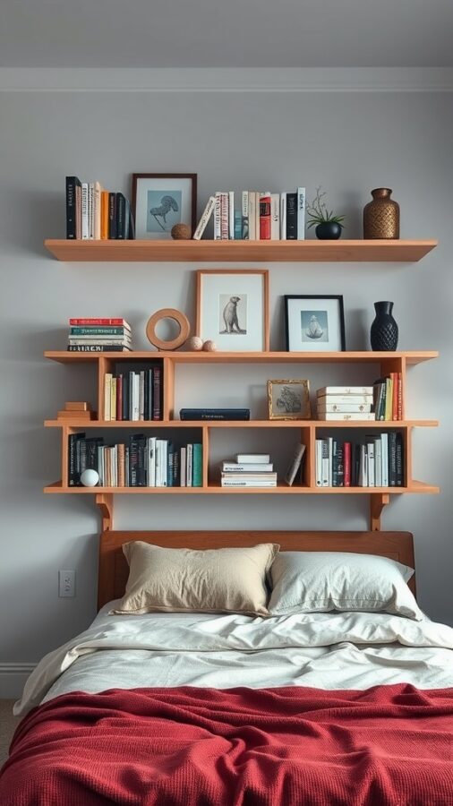 Cozy bed with shelving unit above filled with books and decor
