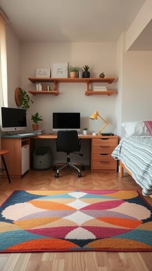 Home office with a colorful rug separating workspace and guest bed