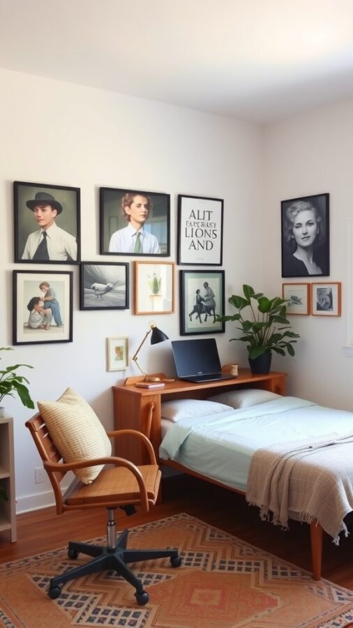 Cozy home office with framed portraits and plants, doubling as a guest room