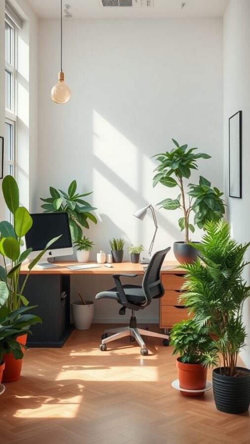Bright home office filled with various plants, desk, and computer