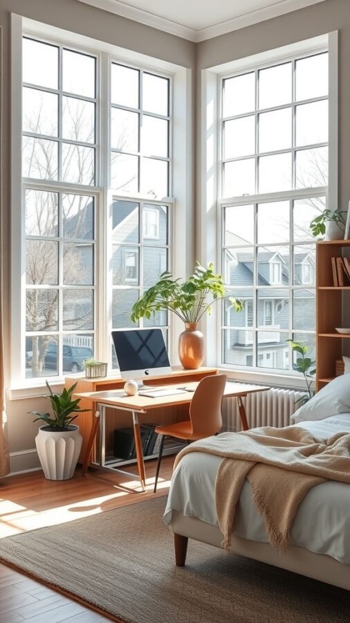 Bright home office with large windows, desk, bed, and plants