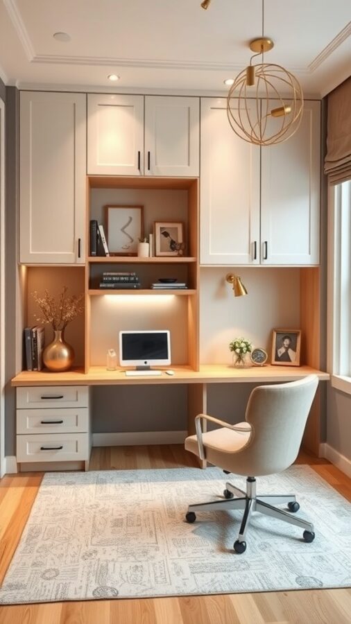 Contemporary home office with desk, chair, and Murphy bed for space-saving