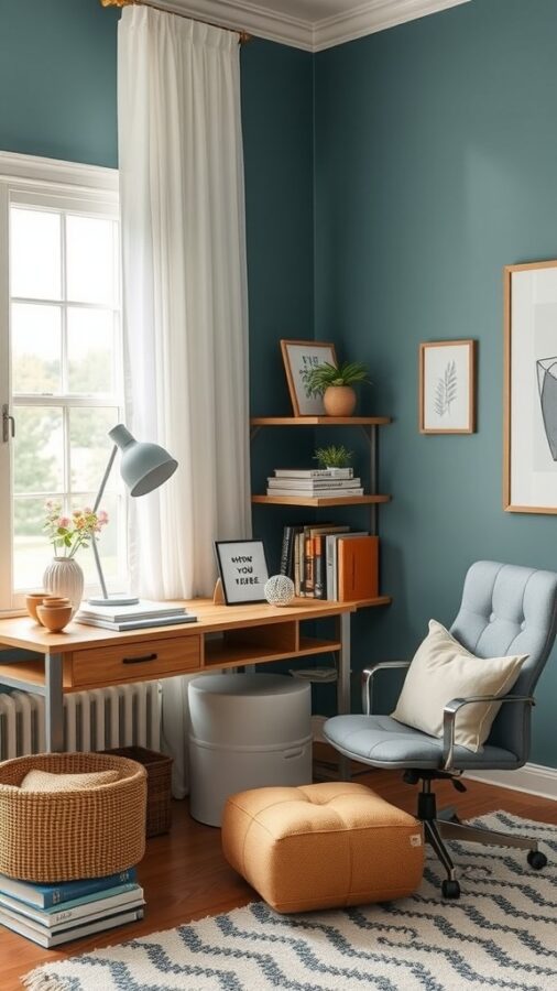 Inviting home office with desk, chair, and decorative accents for guest comfort