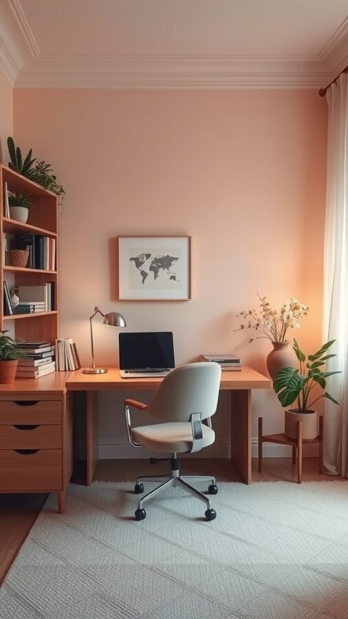 Home office with peach walls, wooden desk, and plants promoting relaxation