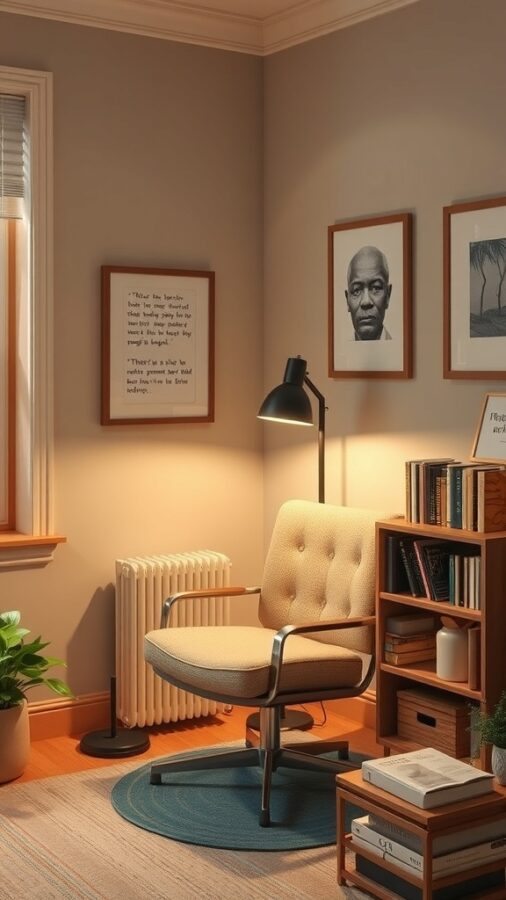 Comfortable reading nook with chair, warm lighting, bookshelves, and artwork