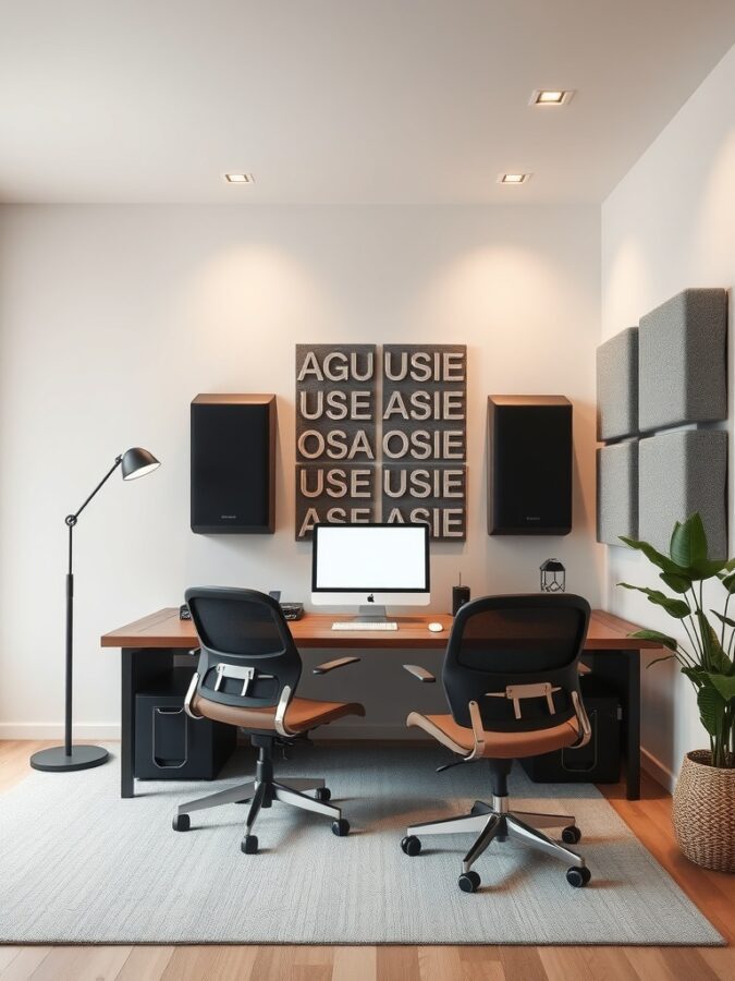 Soundproofed Home Office Modern office with soundproof panels and ergonomic chairs.