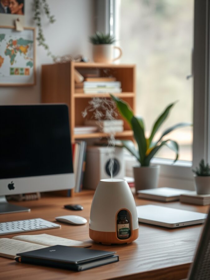 Aromatherapy in Workspace Home office desk with diffuser emitting steam, laptop, notebooks, and plant.