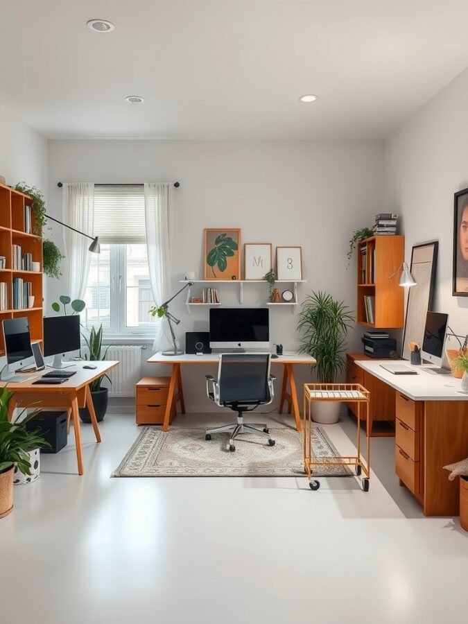 Dedicated Work Areas Organized home office with multiple workstations and plants.