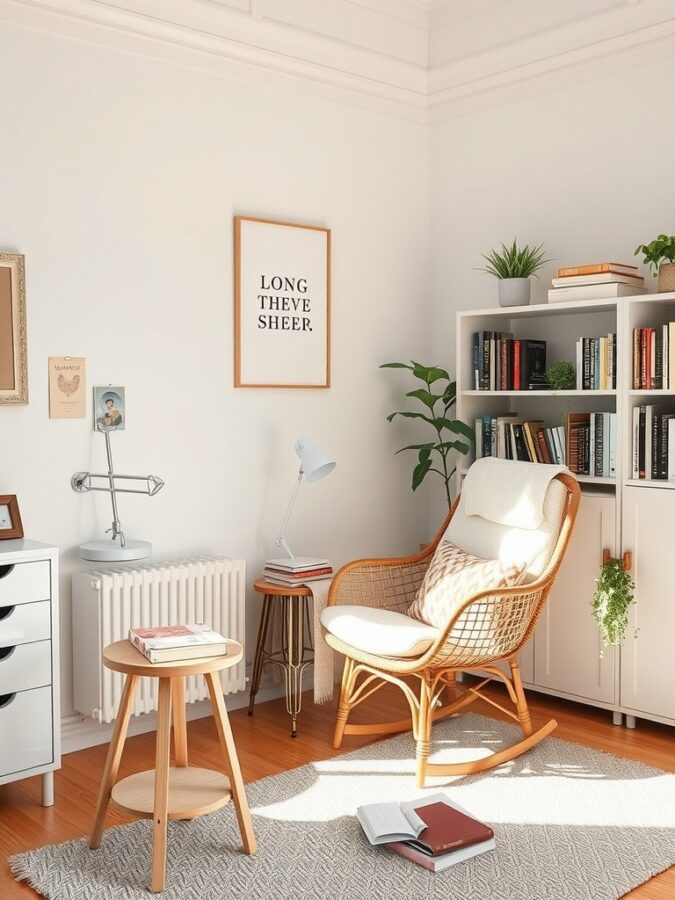 Relaxation Nook Relaxation corner with rocking chair, side table, books, and plants.