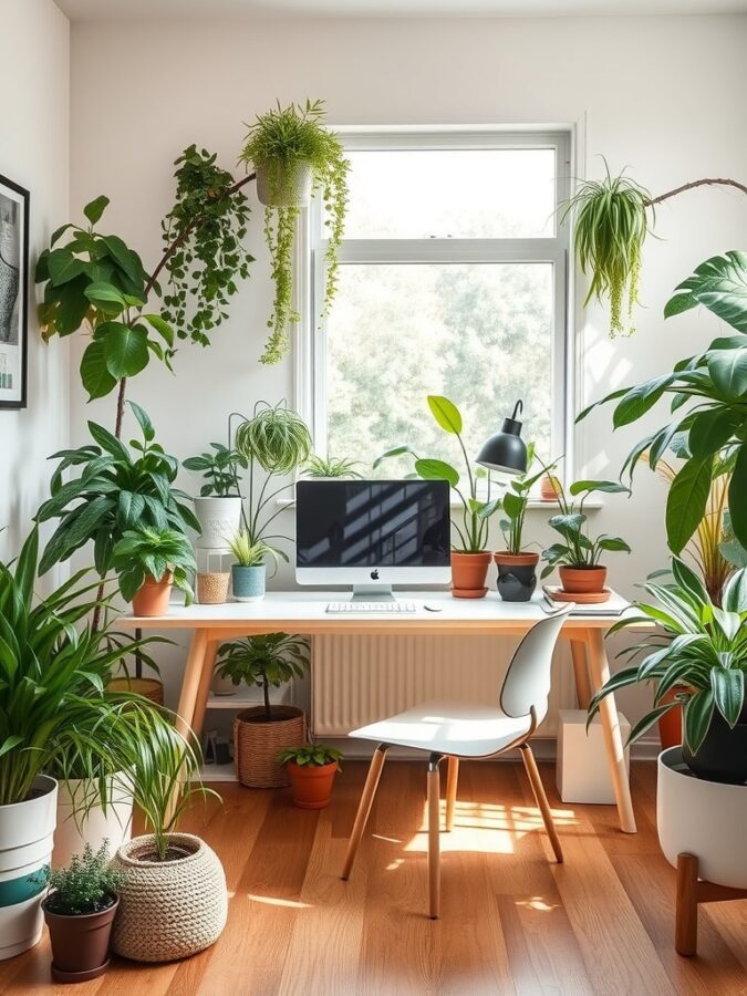Greenery in Workspace Home office filled with hanging ferns, succulents, computer, and lamp.