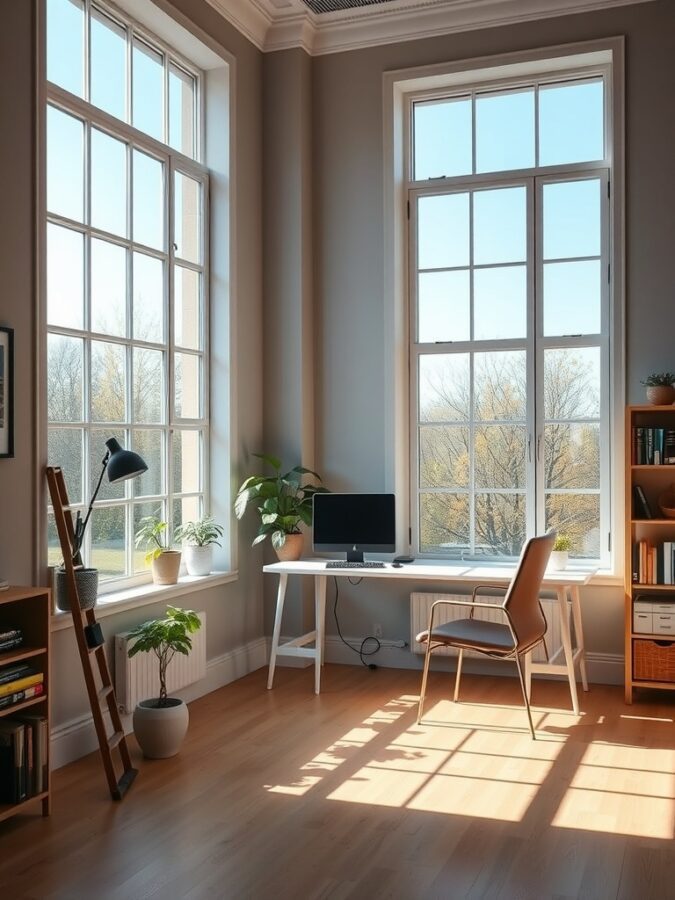 Natural Light in Home Office Home office illuminated by large windows with plants and desk.