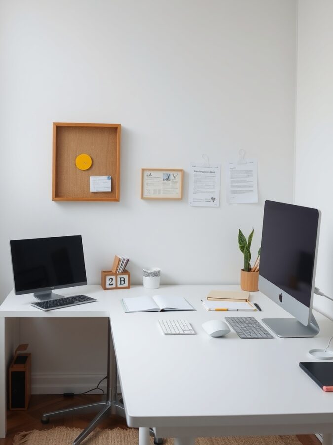 Decluttered Workspace Minimalist home office with two desks, monitor, laptop, plant, and bulletin board.