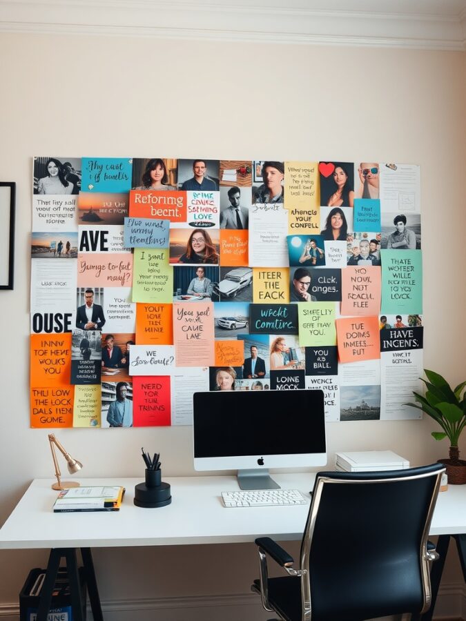 Vision Board for Motivation Colorful vision board with notes, quotes, and images in home office.