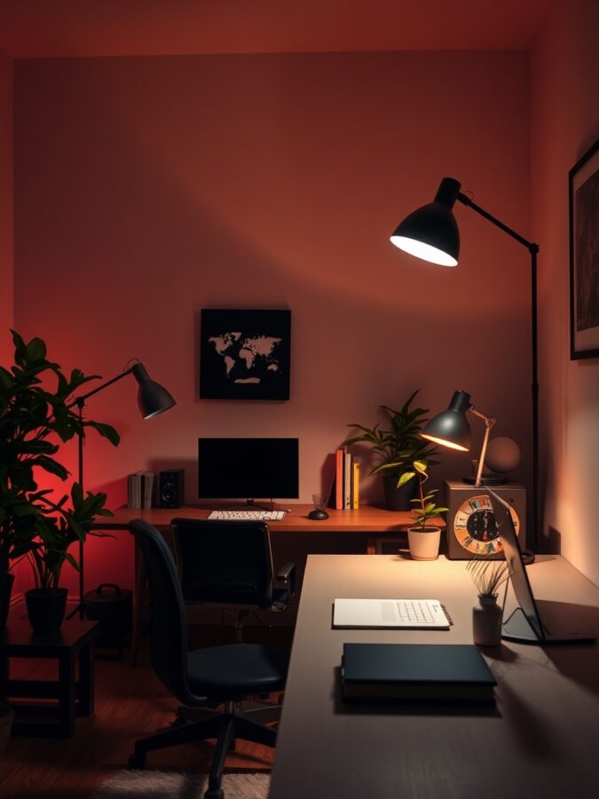 Mood Lighting in Office Cozy home office with warm lighting, plants, and desk setup.