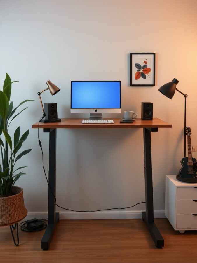 Standing Desk Setup Modern standing desk with computer, speakers, coffee cup, and plant.