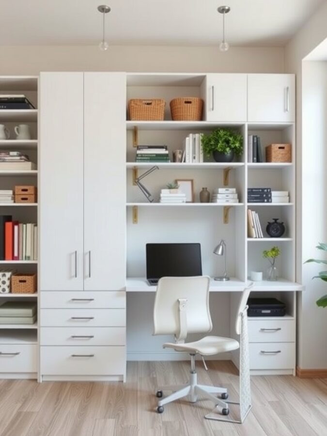 Organized Storage Solutions Modern home office with organized storage, desk, computer, and shelves.