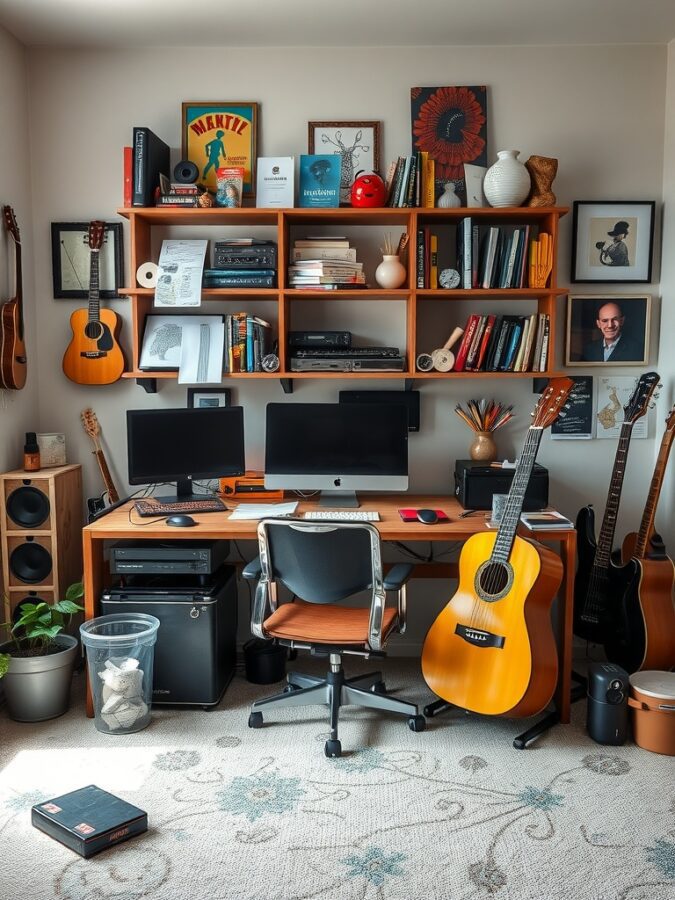 Personal Hobbies in Workspace Home office with guitars, books, and personal decorations.