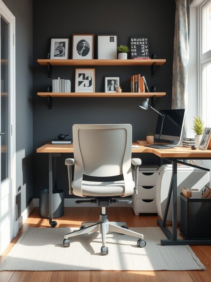 A modern ergonomic desk chair in a stylish home office setup with dark walls and wooden shelves.
