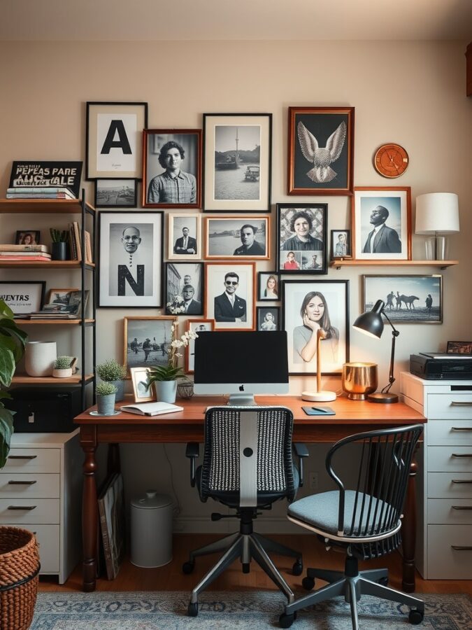 A cozy home office with a wooden desk, an iMac, and a wall filled with framed photographs and art.