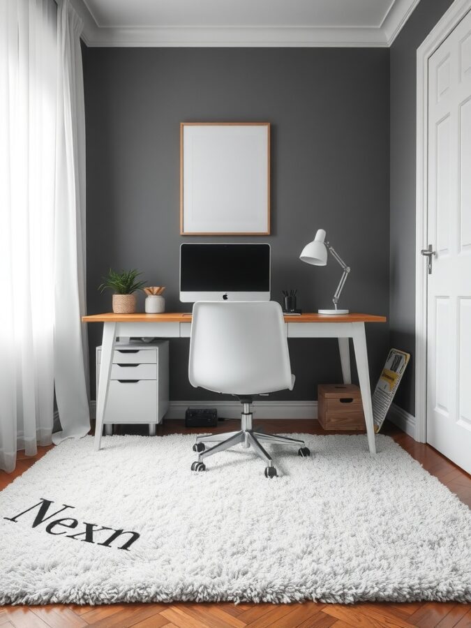 A cozy home office featuring a plush white rug under a modern desk with a computer and lamp.