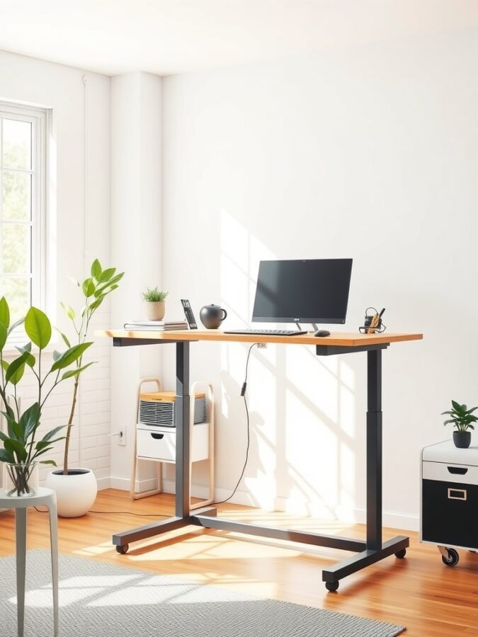 A modern adjustable standing desk in a bright home office setting with plants and a computer.