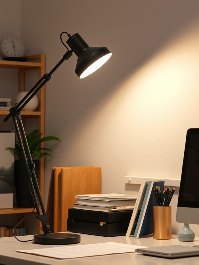A modern adjustable task lamp on a desk with books and stationery