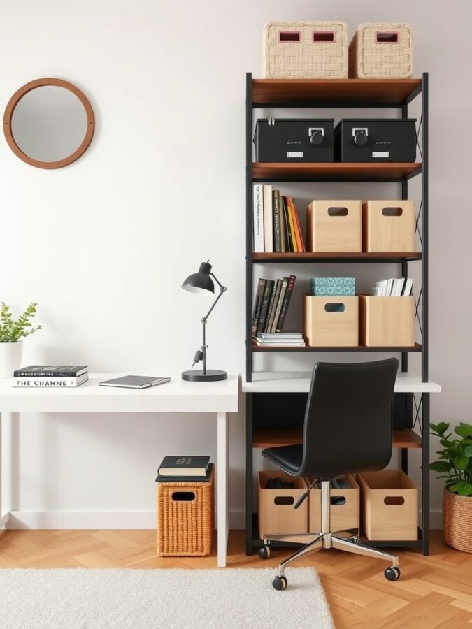A modern home office setup featuring a desk, a chair, and a tall shelving unit with various storage boxes and books.