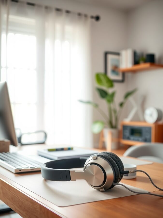 A pair of noise-canceling headphones on a wooden desk in a bright home office setting.