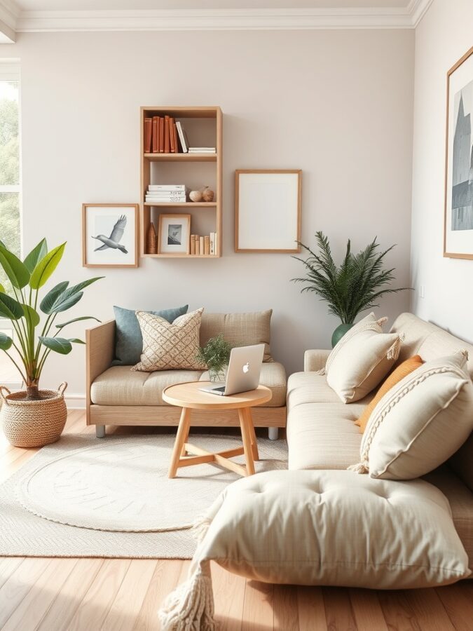 A cozy home office seating area with a couch, armchair, coffee table, and plants.
