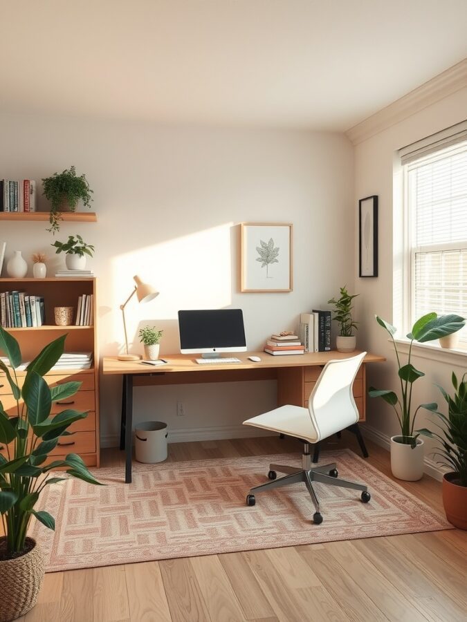 A calming home office with light wood furniture, plants, and a neutral color palette.