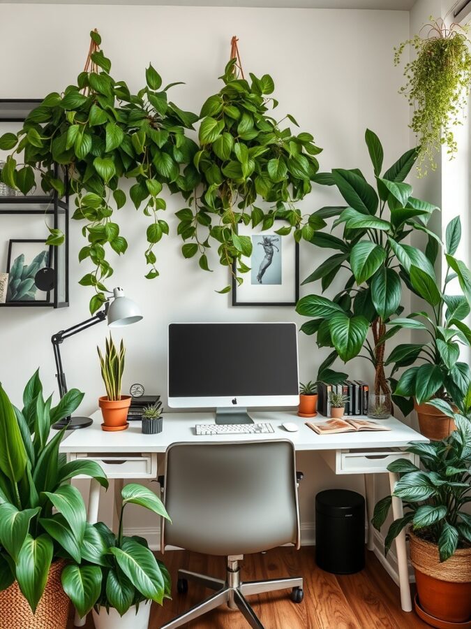 A bright home office featuring various indoor plants, including hanging plants and potted greenery, enhancing the workspace.